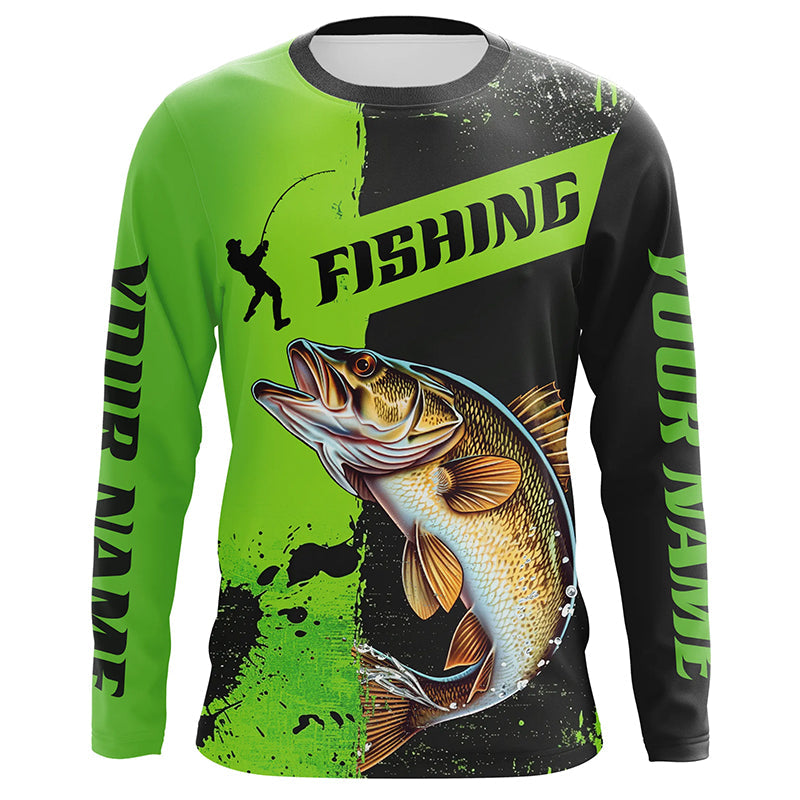 Custom Walleye Fishing Long Sleeve Tournament Shirts, Walleye Fishing Jerseys | Black And Green IPHW6333