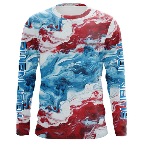 Red, White, Blue Tie Dye Camo Custom Long Sleeve Fishing Shirts, Patriotic Fishing Jerseys IPHW5207