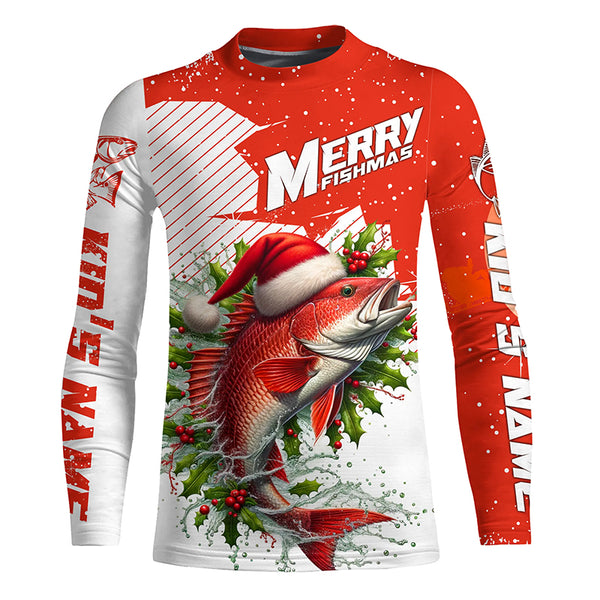 Merry Fishmas Custom Redfish Long Sleeve Christmas Fishing Shirts, Personalized Xmas Fishing Gifts IPHW5580