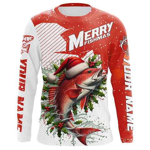Merry Fishmas Custom Redfish Long Sleeve Christmas Fishing Shirts, Personalized Xmas Fishing Gifts IPHW5580