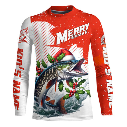 Merry Fishmas Custom Musky Long Sleeve Christmas Fishing Shirts, Personalized Xmas Fishing Gifts IPHW5581