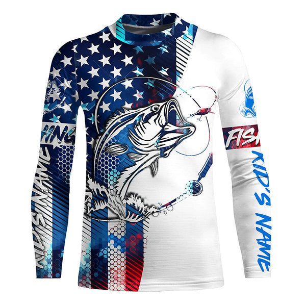 Custom American Flag Bass Fishing Jerseys, Patriotic Bass Long Sleeve Tournament Fishing Shirts IPHW4809