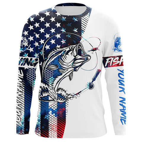 Custom American Flag Bass Fishing Jerseys, Patriotic Bass Long Sleeve Tournament Fishing Shirts IPHW4809