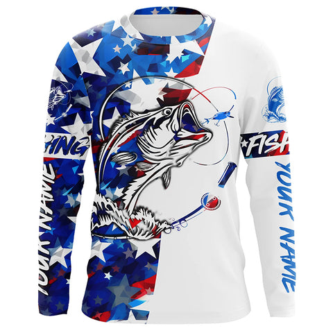Red, White And Blue Camo American Flag Bass Fishing Shirts, Custom Patriotic Bass Fishing Jerseys IPHW4810