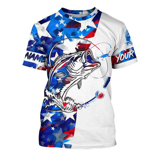 Red, White And Blue Camo American Flag Bass Fishing Shirts, Custom Patriotic Bass Fishing Jerseys IPHW4810