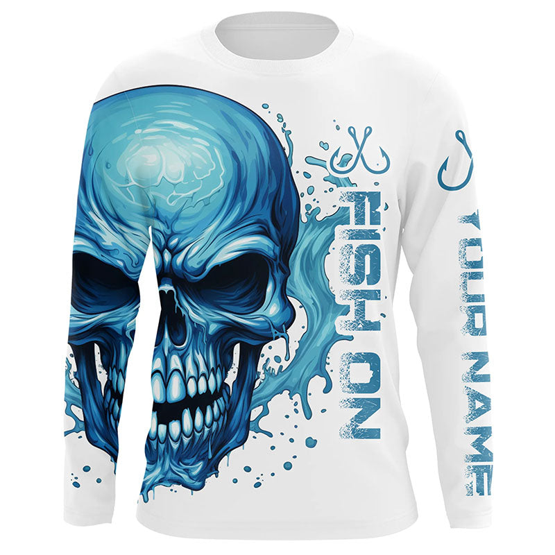 Fish On Fish Hook Custom Skull Long Sleeve Fishing Shirts,  Skull Performance Fishing Jerseys IPHW5137