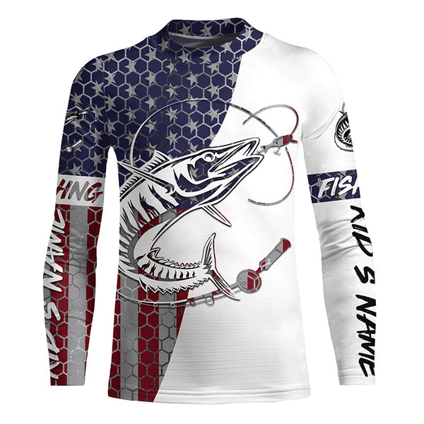 American Flag Wahoo Long Sleeve Saltwater Fishing Shirts, Patriotic Deep Sea Fishing Shirt IPHW4853