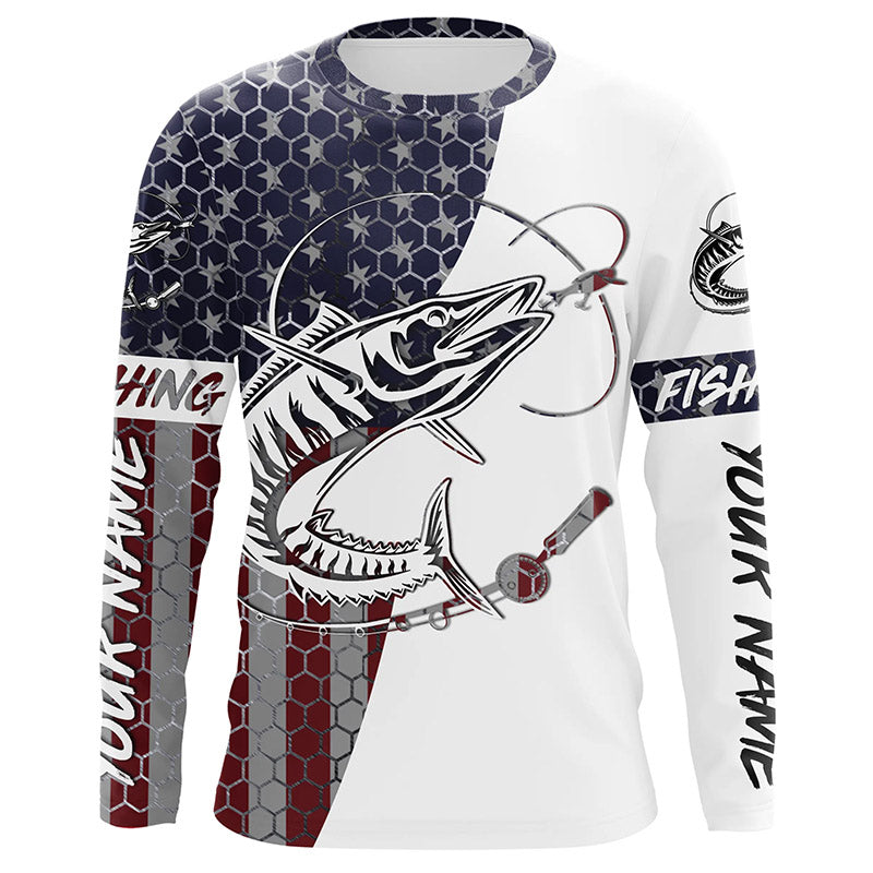 American Flag Wahoo Long Sleeve Saltwater Fishing Shirts, Patriotic Deep Sea Fishing Shirt IPHW4853