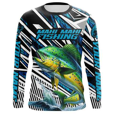 Custom Mahi Mahi Long Sleeve Tournament Fishing Shirts, Mahimahi Fishing Jerseys | Blue Camo IPHW6122