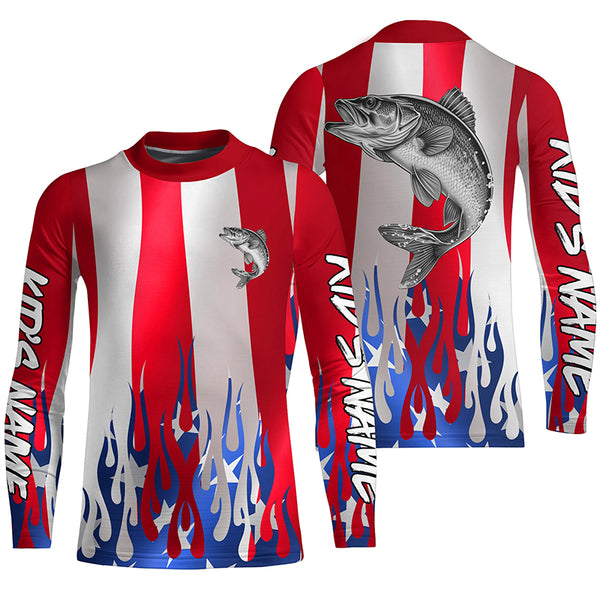 Custom 3D Flame American Flag Walleye Long Sleeve Fishing Shirts, Patriotic Walleye Fishing Jerseys IPHW6145