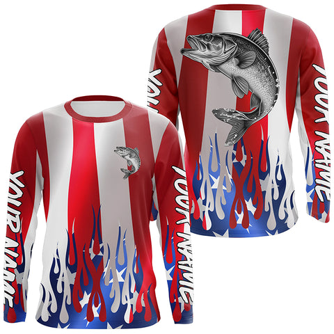 Custom 3D Flame American Flag Walleye Long Sleeve Fishing Shirts, Patriotic Walleye Fishing Jerseys IPHW6145