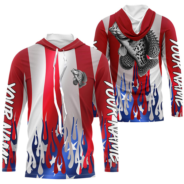 Custom 3D Flame American Flag Crappie Long Sleeve Fishing Shirts, Patriotic Crappie Fishing Jerseys IPHW6146
