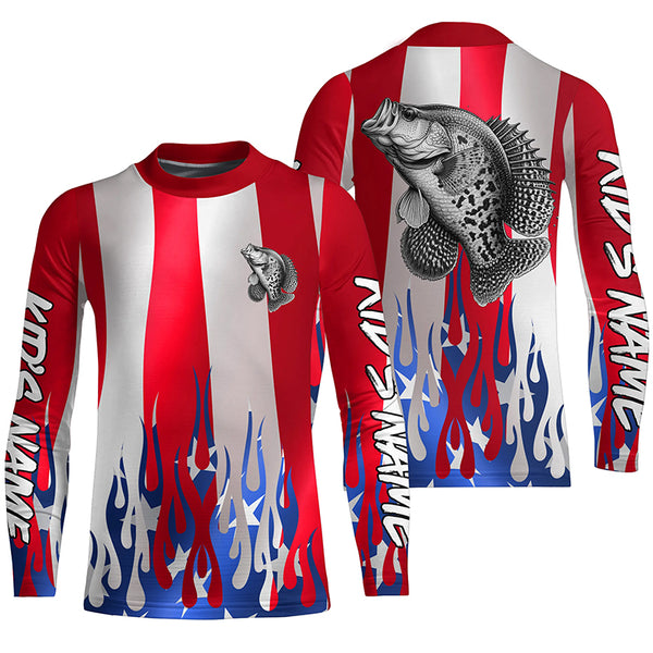 Custom 3D Flame American Flag Crappie Long Sleeve Fishing Shirts, Patriotic Crappie Fishing Jerseys IPHW6146
