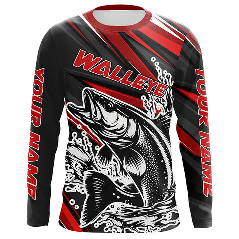 Personalized Walleye Fishing Jerseys, Walleye Fishing Long Sleeve Tournament Fishing Shirts | Red IPHW5597