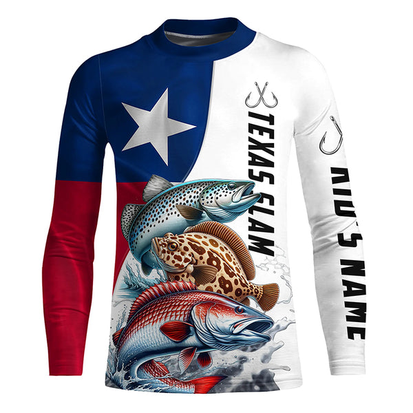 Texas Slam Redfish, Trout, Flounder Custom Long Sleeve Fishing Shirts, Texas Flag Fishing Jerseys IPHW6229
