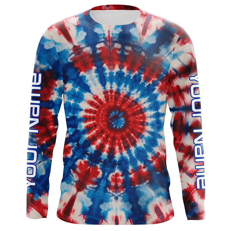 Red, White And Blue Tie Dye Camo Custom Long Sleeve Fishing Shirts, Patriotic Fishing Jerseys IPHW4891