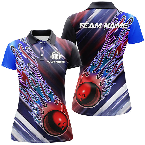 Red White And Blue Bowling Ball Flame Custom Bowling Team Shirts, Ladies Patriotic Bowling Jersey IPHW6260