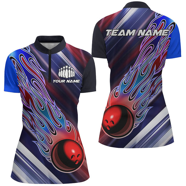 Red White And Blue Bowling Ball Flame Custom Bowling Team Shirts, Ladies Patriotic Bowling Jersey IPHW6260