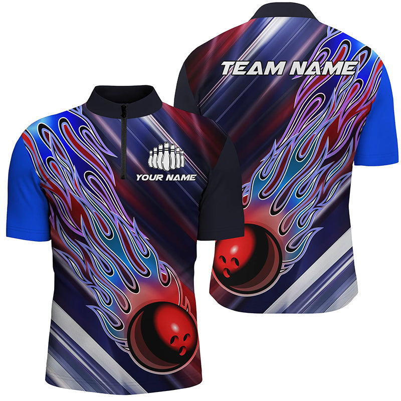 Red White And Blue Bowling Ball Flame Custom Bowling Team Shirts, Unisex Patriotic Bowling Jersey IPHW6260