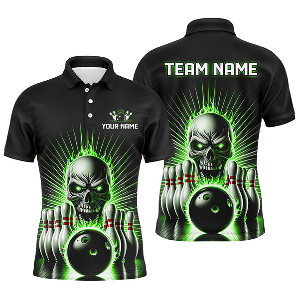 Green Flame Skull Custom Bowling Polo/ Quarter-Zip Team Shirts For Men Women, Bowler'S Outfits IPHW6023