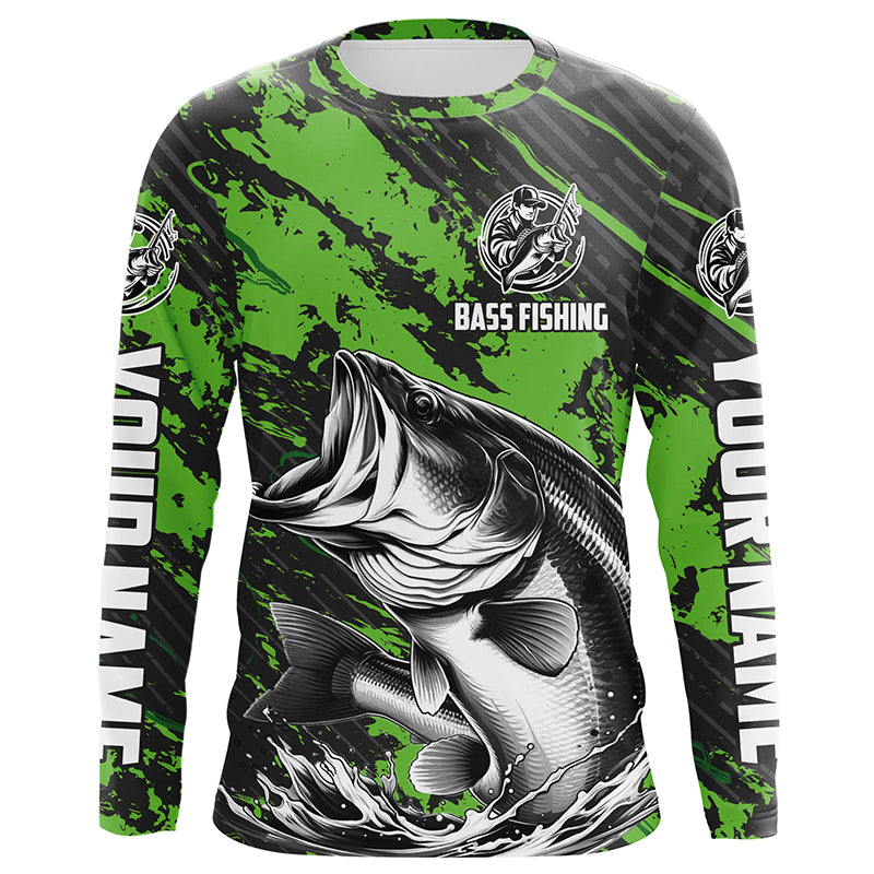 Personalized Bass Fishing Jerseys, Custom Name Bass Long Sleeve Tournament Fishing Shirts IPHW5879 Long Sleeves Hooded UPF / Turtle Green