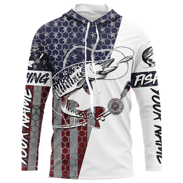 Custom Musky Fishing American Flag Shirts, Patriotic Musky Long Sleeve Fishing Jerseys IPHW6292