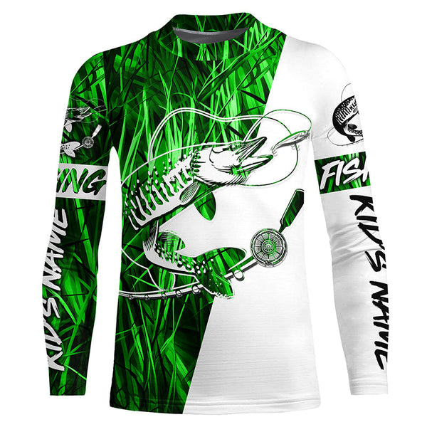 Musky Fishing Tattoo Green Grass Camo Custom Long Sleeve Tournament Shirts, Muskie Fishing Jerseys IPHW6293