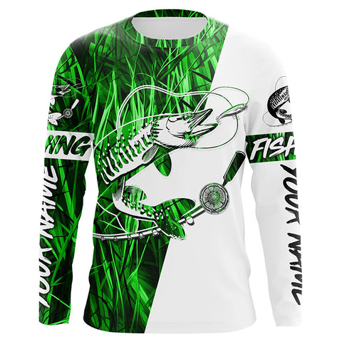 Musky Fishing Tattoo Green Grass Camo Custom Long Sleeve Tournament Shirts, Muskie Fishing Jerseys IPHW6293
