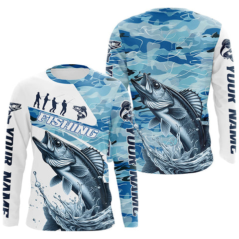 Walleye Fishing Custom Long Sleeve Tournament Shirts, Blue Camo Walleye Fishing Jersey For Fisherman IPHW6319