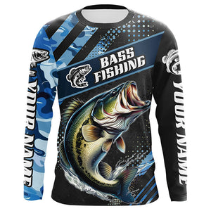 Personalized Blue Camo Bass Fishing Jerseys, Largemouth Bass Long Sleeve Tournament Fishing Shirts IPHW6329