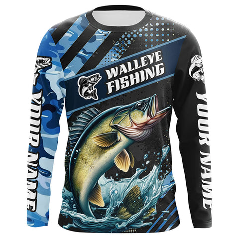 Personalized Blue Camo Walleye Fishing Jerseys, Walleye Long Sleeve Tournament Fishing Shirts IPHW6330