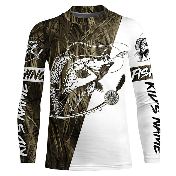 Custom Crappie Fishing Tattoo Long Sleeve Shirts, Grass Camo Crappie Fishing Jerseys IPHW6343