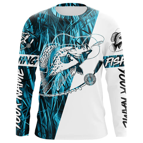 Custom Crappie Fishing Tattoo Long Sleeve Shirts, Blue Grass Camo Crappie Fishing Jerseys IPHW6347