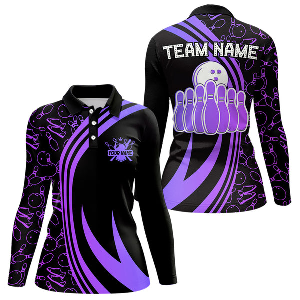 Black Women bowling shirts Custom Purple neon team league bowling jerseys, gifts for bowlers NQS9667