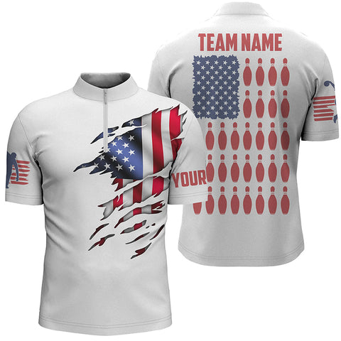 Quarter Zip Custom Mens Bowling Shirts, Customizable American Flag Bowling Pin Quarter Zip Shirt For Team IPHW3809