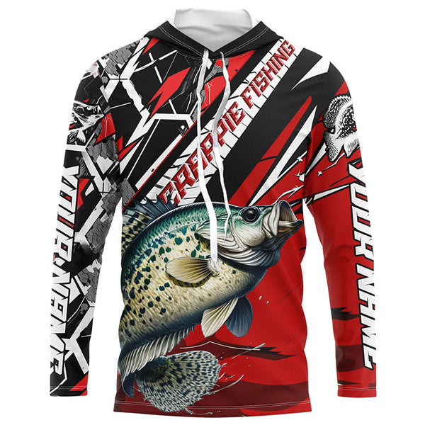 Personalized Crappie Fishing Jerseys, Crappie Long Sleeve Tournament Fishing Shirts | Black And Red IPHW6356