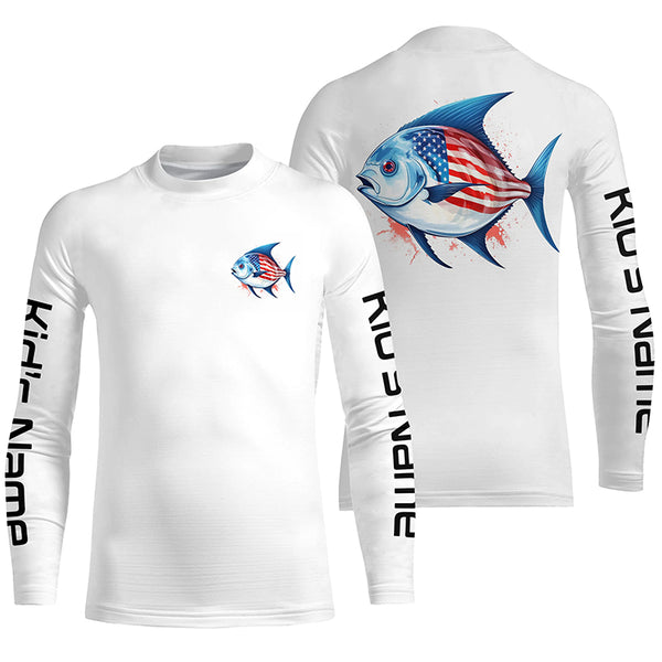 Pompano Fishing American Flag Custom Long Sleeve Fishing Shirts, Patriotic Fishing Jerseys IPHW4784