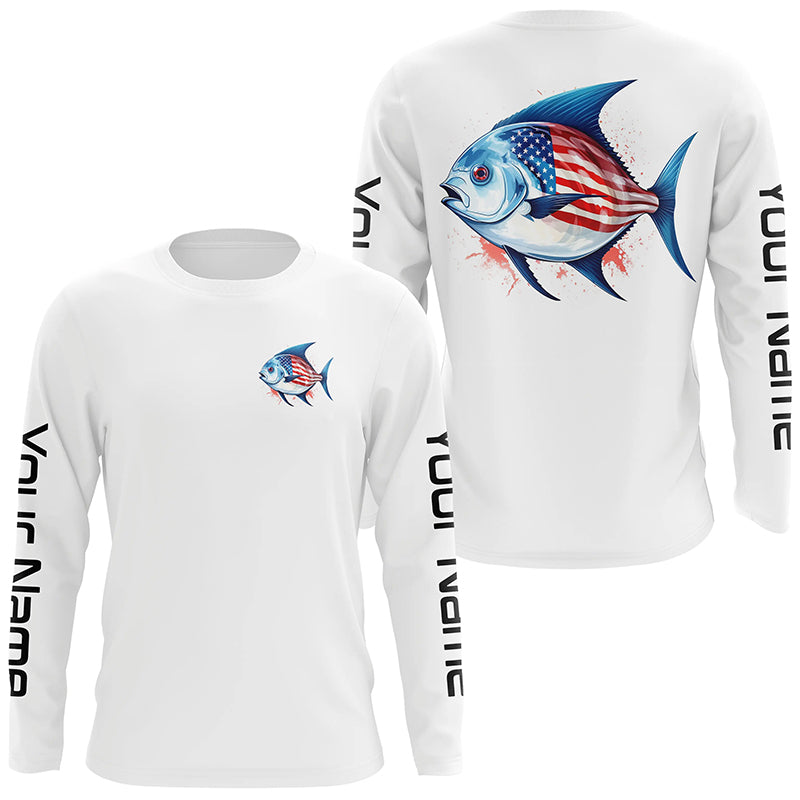 Pompano Fishing American Flag Custom Long Sleeve Fishing Shirts, Patriotic Fishing Jerseys IPHW4784