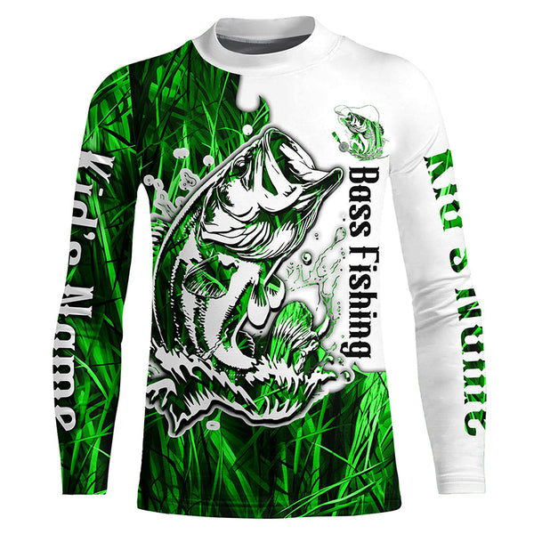 Custom Largemouth Bass Fishing Long Sleeve Tournament Shirts, Bass Fishing League Shirt | Green Camo IPHW6382