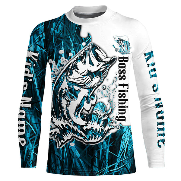 Custom Largemouth Bass Fishing Long Sleeve Tournament Shirts, Bass Fishing League Shirt | Blue Camo IPHW6383