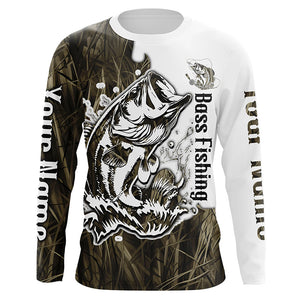 Custom Largemouth Bass Fishing Long Sleeve Tournament Shirts, Bass Fishing League Shirt | Grass Camo IPHW6384