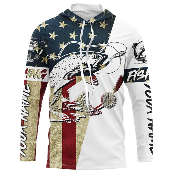 Vintage American Flag Custom Trout Fly Fishing Shirts, Patriotic Trout Fishing Jerseys IPHW6392