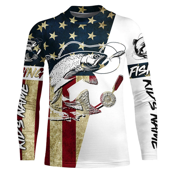 Vintage American Flag Custom Trout Fly Fishing Shirts, Patriotic Trout Fishing Jerseys IPHW6392