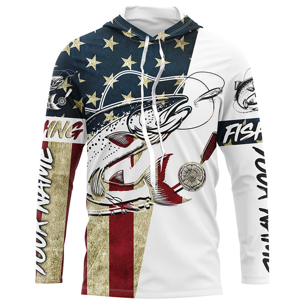 American Flag Custom Chinook Salmon Fishing Long Sleeve Shirts, Patriotic Salmon Fishing Jerseys IPHW6393
