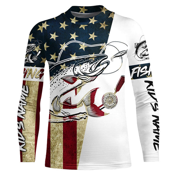 American Flag Custom Chinook Salmon Fishing Long Sleeve Shirts, Patriotic Salmon Fishing Jerseys IPHW6393