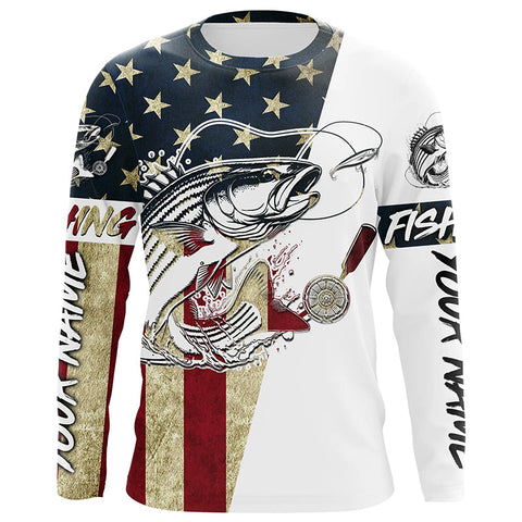 American Flag Custom Striped Bass Fishing Long Sleeve Shirts, Patriotic Stripper Fishing Jerseys IPHW6394
