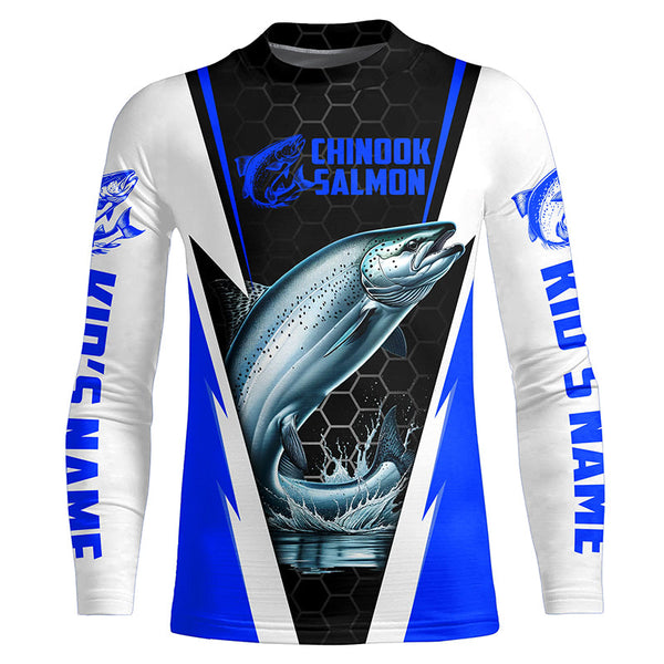 Custom Chinook King Salmon Fishing Jerseys, Salmon Long Sleeve Performance Fishing Shirts | Blue IPHW6406