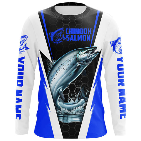 Custom Chinook King Salmon Fishing Jerseys, Salmon Long Sleeve Performance Fishing Shirts | Blue IPHW6406
