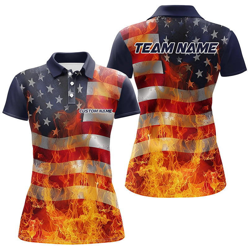 American Flag Flame Custom ladies Bowling Team Shirts, Patriotic Bowling Team Jerseys IPHW6435