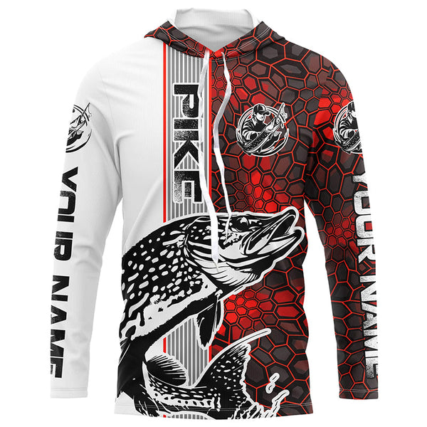 Pike Fishing Red Camo Long Sleeve Fishing Shirts With Custom Name, Pike 3D Fishing Shirts Jerseys IPHW6621